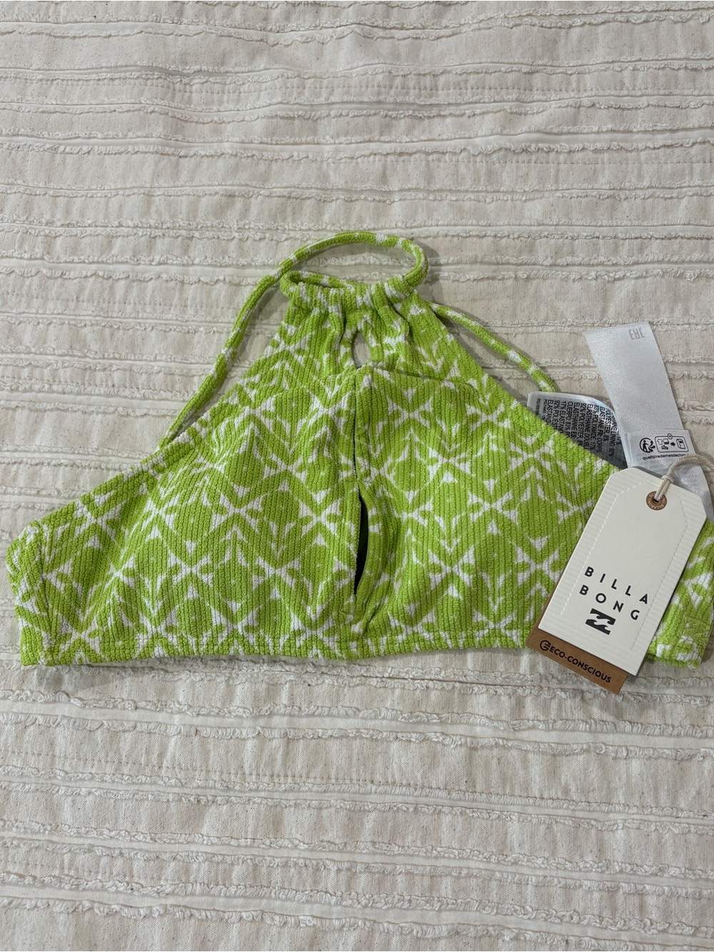 Billabong Lime Green and White Textured Halter Bikini Top
